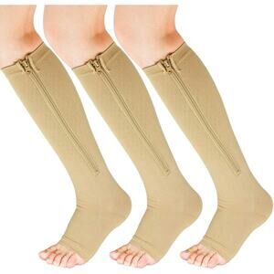 3 Pairs Zipper Compression Socks Women Open Toe Beige XXL